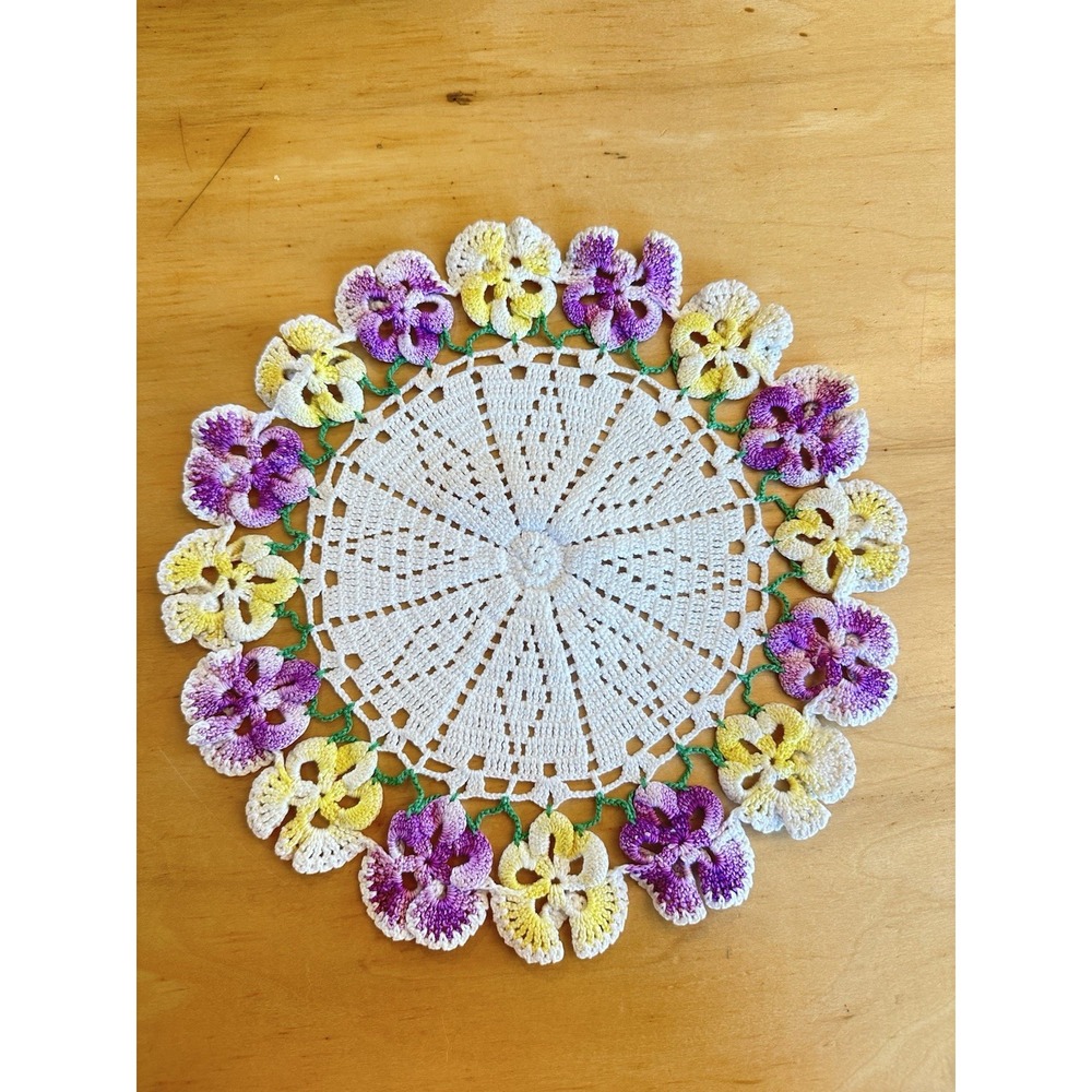 Cottage-core Grandma-Core Crochet Pastel Pansy Doily Vintage Handmade Lacey